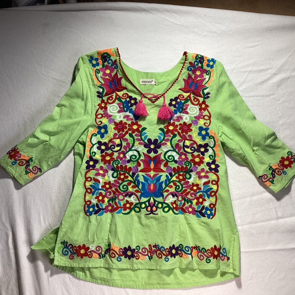YZXDORWJ Womens Lime Green Embroidered Floral Cotton Peasant Blouse Tassels M